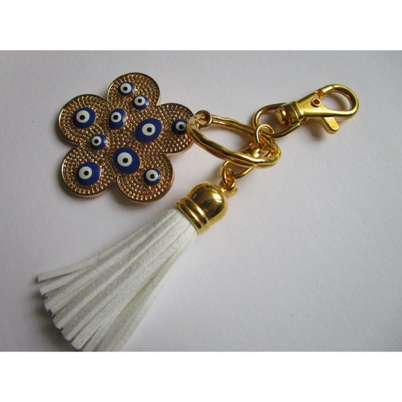 Gold tone blue evil eye flower charm key chain white leather tassel purse charm - Picture 8 of 9